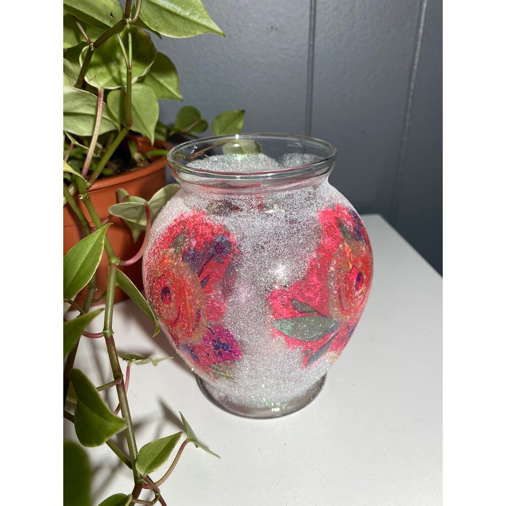 Handmade Frosted Sparkle Pink Rose Decor, Shelf Sitter Vase, Candle Holder